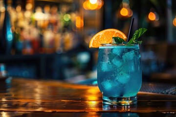 Refreshing Blue Lagoon Cocktail with Ice and Citrus Garnish
