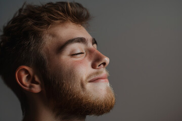 Obraz premium A close up of a man with beard and closed eyes looking to a side