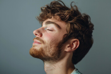 Fototapeta premium A close up of a man with beard and closed eyes looking to a side