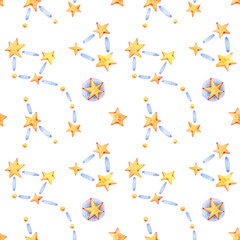 Seamless texture with watercolor constellation and stars. Hand-drawn children texture. Perfect for packing paper, decor, and textiles.