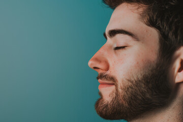 Obraz premium A close up of a man with beard and closed eyes looking to a side