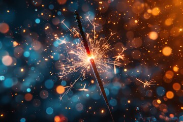 Close-up of a Sparkler Firework Sparking Bright Lights and Colorful Bokeh in the Background During a Night Celebration EventSparkler
