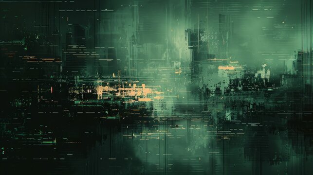 A digital glitch background with a dark, moody color palette. Flickering static