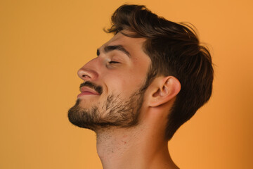 Obraz premium A close up of a man with beard and closed eyes looking to a side