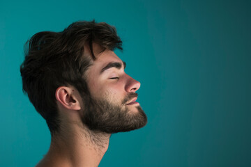 Fototapeta premium A close up of a man with beard and closed eyes looking to a side