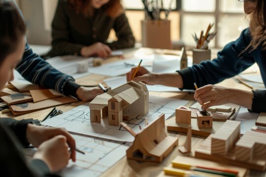 Creative Team Collaborating on Architectural Project with Blueprints and 3D Models in Modern Workshop