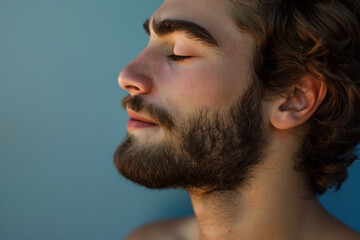 Obraz premium A close up of a man with beard and closed eyes looking to a side