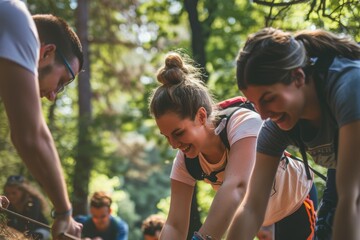 Team Building Activity in Nature: Colleagues Engaged in Trust Fall Exercise for Corporate Retreat