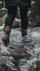 A close-up view of someone walking through a stream during winter