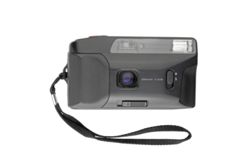 Old retro point and shoot 35mm film camera isolated, vintage photography equipment