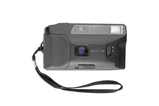 Old retro point and shoot 35mm film camera isolated, vintage photography equipment