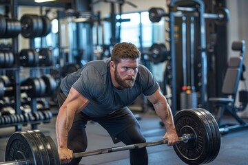Strength Training Session with Man Performing Deadlift in Well-Equipped Gym for Fitness and Muscle Growth