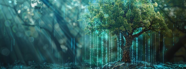 Artistic blend of nature and technology with a tree having digital data branches generated by AI