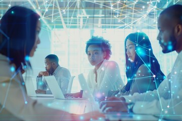 Diverse Team Collaborating in a High-Tech Office with Advanced Technology and Network Connectivity