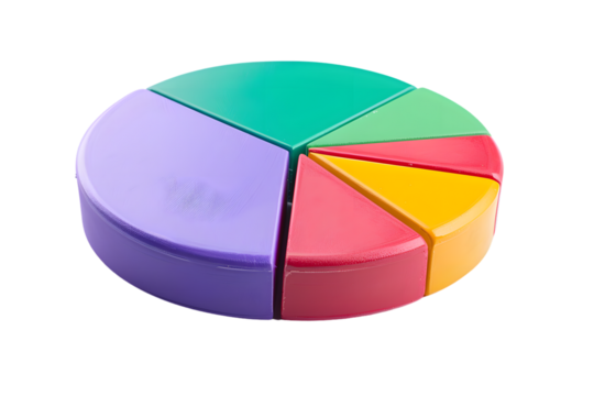 Colorful 3D pie chart with segmented sections representing data visualization, analysis statistics on a white background.
