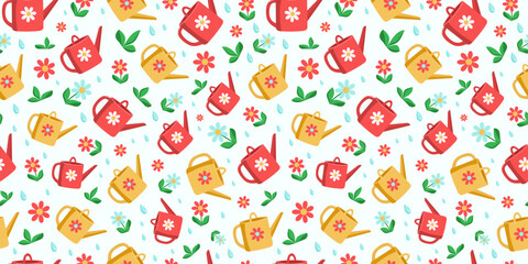 Watering can for irrigating plants and flowers. Water drops. The pattern  seamless. Caring for the garden, vegetable garden, house plants. Floristry and gardening, agronomic sign.