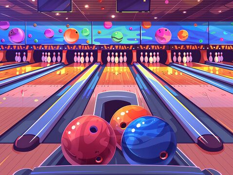 An illustration of a bowling alley with three bowling balls in the foreground and the pins set up in the background. Generative ai.