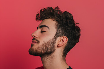Obraz premium A close up of a man with beard and closed eyes looking to a side