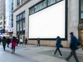 Blank Billboard on Downtown Building Wall with Pedestrians Passing By