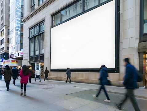 Blank Billboard on Downtown Building Wall with Pedestrians Passing By