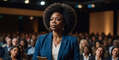 Black afro American businesswoman delivering a powerful keynote address at a conference standing on stage with confidence addressing a diverse audience with her insights in the business world