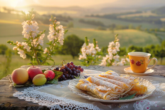 Beautifully Arranged Plate of Zagorski Strukli with Fresh Fruit and Herbal Tea in Croatian Countryside