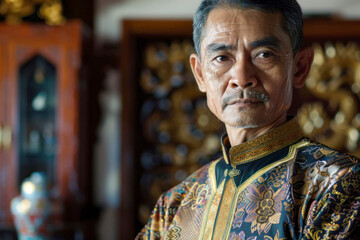 Fototapeta premium Man Wearing Baju Melayu in Traditional Brunei Home with Intricate Songket Fabric and Cultural Artifacts