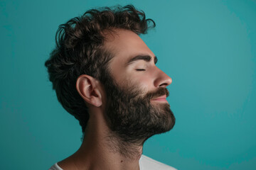 Fototapeta premium A close up of a man with beard and closed eyes looking to a side