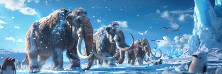 A group of mammoths walk through an icy landscape during the ice age