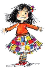 Cute little girl with black hair wearing an orange sweater and a bright skirt on a white background.