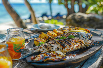 Freshly Grilled Fish with Taro and Breadfruit on a Wooden Table by the Beach, Capturing the Essence of Palauan Cuisine