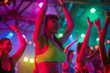 High-Energy Dance Fitness Class with Colorful Lights and Enthusiastic Participants