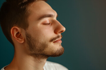 A close up of a man with beard and closed eyes looking to a side