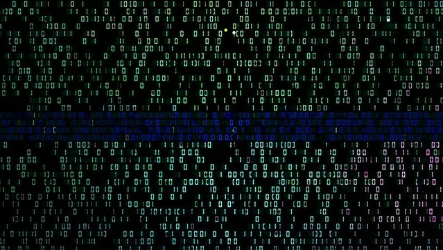 Binary code background. Digital technology, big data and artificial intelligence concept. Binary numbers zero and one display on black monitor screen. 4K video animation 3d rendering.