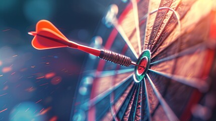 A red dart is flying towards the center of an old wooden dart board, Business means achieving goals, a competitive mindset