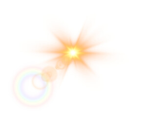 Yellow bright star and shimmering glare, transparent sunlight special lens flare light effect. Solar flare. Sun flash. Png.
