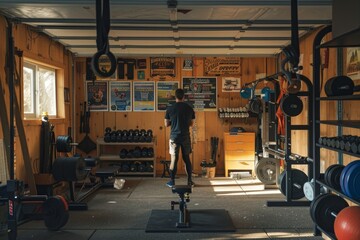 Fototapeta premium Man Lifting Weights in Neatly Organized Home Garage Gym with Motivational Posters