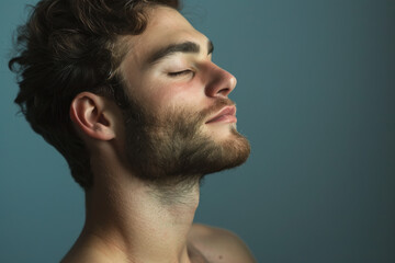 A close up of a man with beard and closed eyes looking to a side