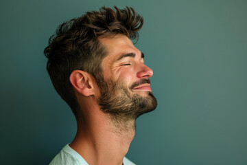 Obraz premium A close up of a man with beard and closed eyes looking to a side
