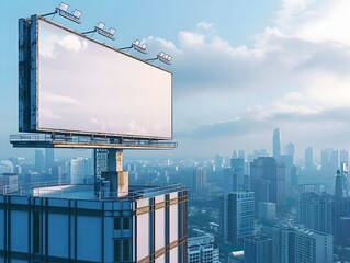Obraz premium Empty Prominent Billboard on Towering Urban Skyscraper with Cityscape View