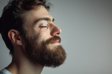 Obraz premium A close up of a man with beard and closed eyes looking to a side