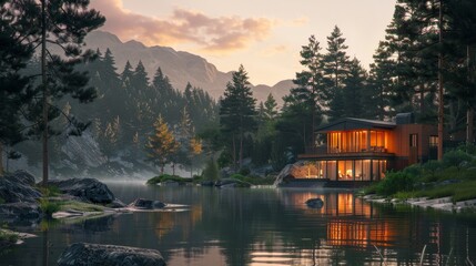 Fototapeta premium Tranquil, mountain retreat with a modern cabin surrounded by towering pines and a clear lake generated by AI
