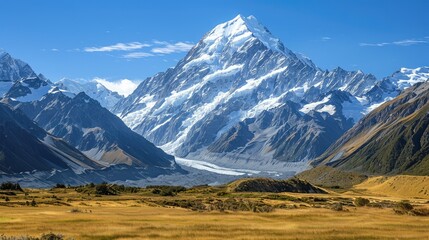 Majestic snow-capped peaks under clear blue skies