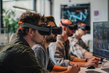 Innovative Team Brainstorming with Virtual Reality Headsets in Futuristic High-Tech Office