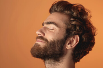 Obraz premium A close up of a man with beard and closed eyes looking to a side