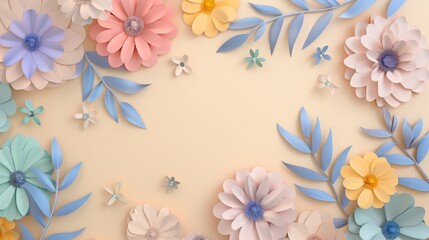 Arrangement of paper flowers with a pastel color palette on a light beige background. The flowers are in various shades of pink, blue, yellow, and green