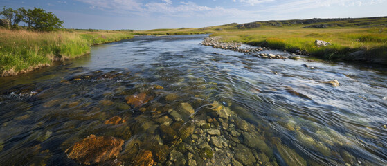 Naklejka premium A river with a rocky bottom and a green grassy bank