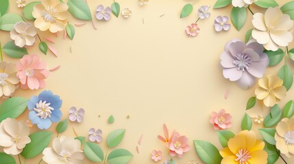 Pastel-colored floral arrangement with a variety of flowers and leaves, creating a frame-like border on a yellow background