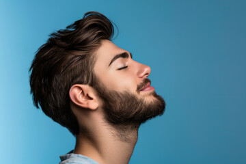 A close up of a man with beard and closed eyes looking to a side