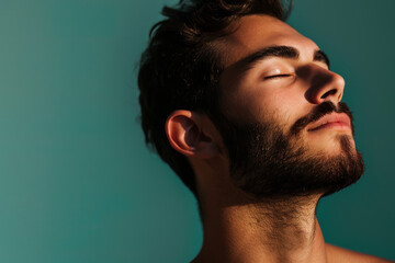 Fototapeta premium A close up of a man with beard and closed eyes looking to a side
